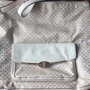 Coach Beige Signature Tote with Light Cream Snake-Embossed Flap